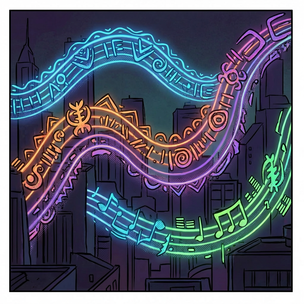 Neon musical notes and waves over a cityscape with text: VIBE!, PULSE, SONIC WAVES.